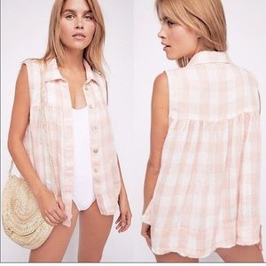 Free People Hey There Sunrise Top Pink and White Gingham Shirt Sz S